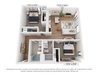 A 3D floor plan of a small apartment with a kitchen, living room, and bedrooms.