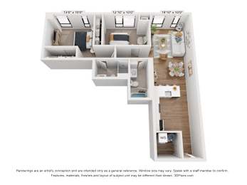 A 3D floor plan of a house with rooms labeled.