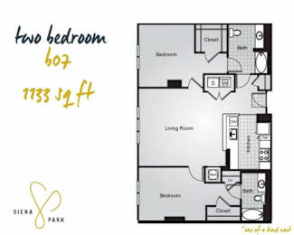 A floor plan for a two bedroom, 607 square foot apartment at Siena Park.