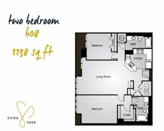 A floor plan of a two bedroom, 608 square foot apartment at Siena Park.