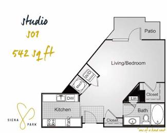 A drawing of a studio apartment with a living room, kitchen, and bathroom.