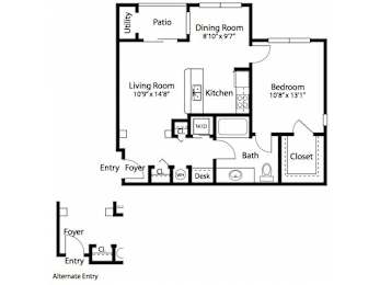 A floor plan of a house with a living room, dining room, kitchen, bedroom and bathroom.