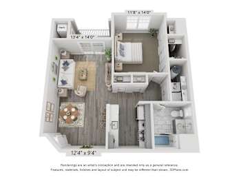 A 3D floor plan of a small apartment with a kitchen, living room, and bathroom.