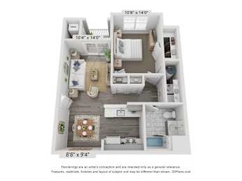 A 3D floor plan of a small apartment with a kitchen, living room, and bathroom.