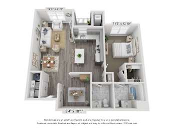 A 3D floor plan of a small apartment with a kitchen, living room, and bathroom.