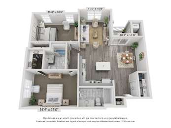 A 3D floor plan of a house with a living room, kitchen, and two bedrooms.