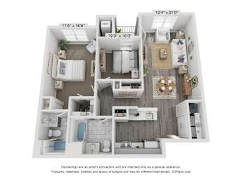 A 3D floor plan of a house with a living room, dining room, kitchen, and bathrooms.