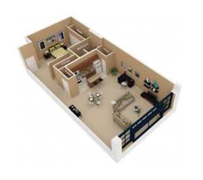 A 3D image of a house layout with a kitchen, living room, and dining area.
