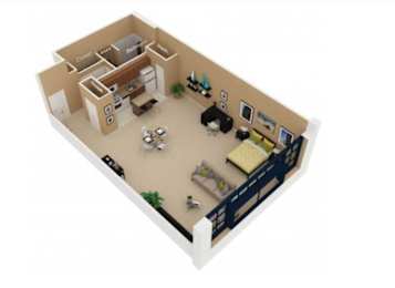 A 3D floor plan of a house with a living room, dining room, kitchen, and two bedrooms.