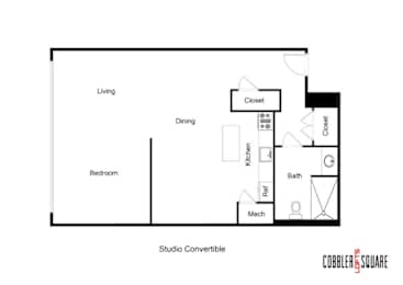 A floor plan of a studio apartment with a living room, bedroom, kitchen, bathroom, and a closet.
