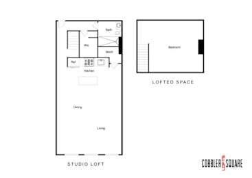 A floor plan of a lofted space with a living area, dining area, kitchen, bathroom, bedroom, and a studio.