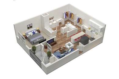 Floor Plan  A 3D image of a small apartment with a bedroom, living room, and kitchen.