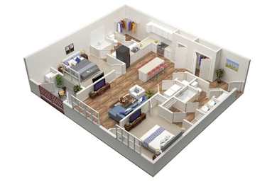 Floor Plan  A 3D image of a house layout with a bedroom, living room, kitchen, and bathroom.