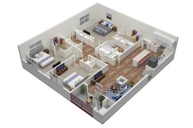 Floor Plan  A 3D image of a house layout with multiple rooms.