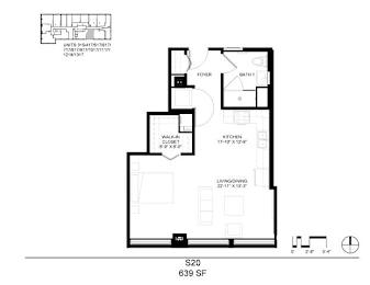 A floor plan of a house with a living room, kitchen, and bathroom.