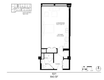 A floor plan of a one bedroom apartment with dimensions.