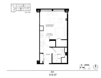 A floor plan of a unit with a living room, kitchen, and bathroom.