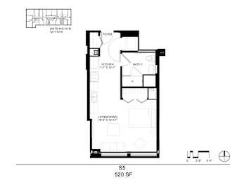 A black and white floor plan of a small apartment with a living room, kitchen, and bathroom.