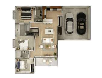 A floor plan of a house with two bedrooms, a living room, a kitchen, a bathroom, and two parking spaces.