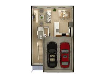 A top down view of a house with a red car and a black car parked in the driveway.