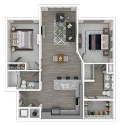 A floor plan of a small apartment with a kitchen, living room, and bedroom.