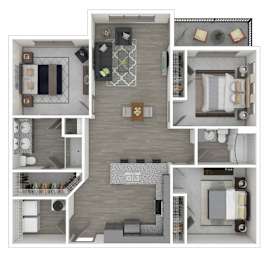 A floor plan of a house with a kitchen, living room, dining room, and two bedrooms.