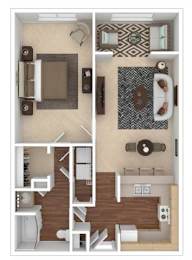 A floor plan of a small apartment with a kitchen, living room, and bathroom.