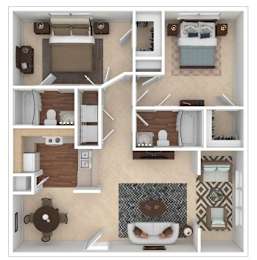 A 3D floor plan of a small apartment with a kitchen, living room, and bedroom.