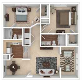 A 3D floor plan of a small apartment with a kitchen, living room, and bathroom.