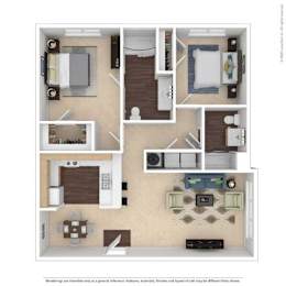 A floor plan of a house with a kitchen, living room, and two bedrooms.