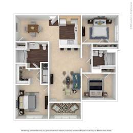 A detailed 3D floor plan of a house layout.