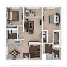 A 3D floor plan of a house with a kitchen, living room, dining room, and bedrooms.