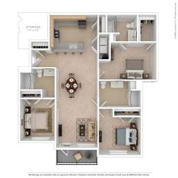 A floor plan of a house with a living room, kitchen, dining room, and bedrooms.