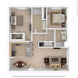 A floor plan of a house with a kitchen, living room, dining room, and bathroom.