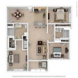 A floor plan of a house with a kitchen, living room, dining room, and two bedrooms.
