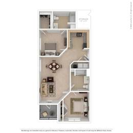 A floor plan of a small apartment with a living room, kitchen, and storage area.