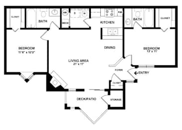 A black and white floor plan of a two bedroom apartment.