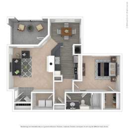 A floor plan of a house with a kitchen, living room, and two bedrooms.