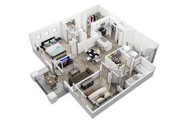 A 3D floor plan of a house with a living room, kitchen, and two bedrooms.