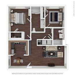 A floor plan of a house with a kitchen, living room, and two bedrooms.
