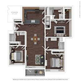 A floor plan of a house with a living room, two bedrooms, a kitchen, and a storage area.