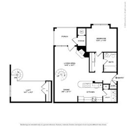 A black and white floor plan of a house with a porch, bedroom, living area, dining area, kitchen, and utility space.