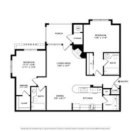 A black and white image of a floor plan for a house with two bedrooms, a living area, a kitchen, a dining area, a bath, a porch, a storage area, a utility, and a closet.