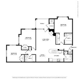 A black and white image of a floor plan for a home with three bedrooms, a living area, a kitchen, a dining area, a porch, storage, and a bathroom.