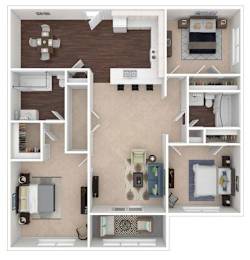 A floor plan of a house with a kitchen, living room, and two bedrooms.