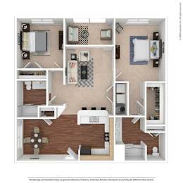 A floor plan of a house with a kitchen, living room, and two bedrooms.