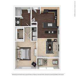 A floor plan of an apartment with a kitchen, living room, and two bedrooms.