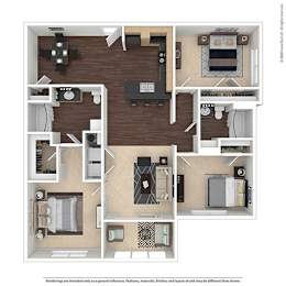 A detailed 3D floor plan of a residential apartment layout.