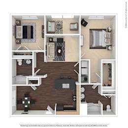A detailed 3D floor plan of a house layout.