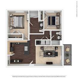 A floor plan of a two-bedroom apartment with a living room, kitchen, and bathroom.